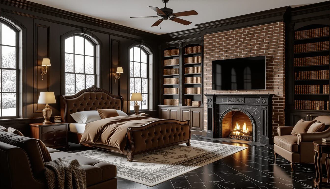 Victorian Bedroom with Fireplace and Snow View