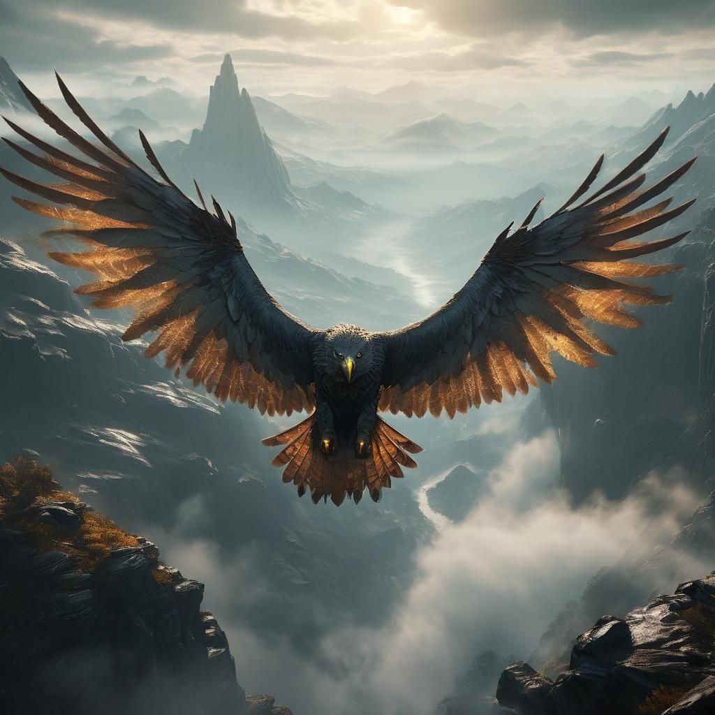 Winged Woman Soaring Through Misty Mountains in 3D
