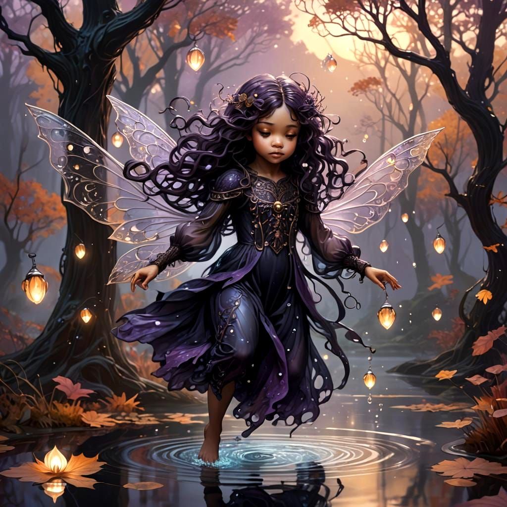 Dancing Dark Fairy on Autumn Lake, Hyperdetailed Art