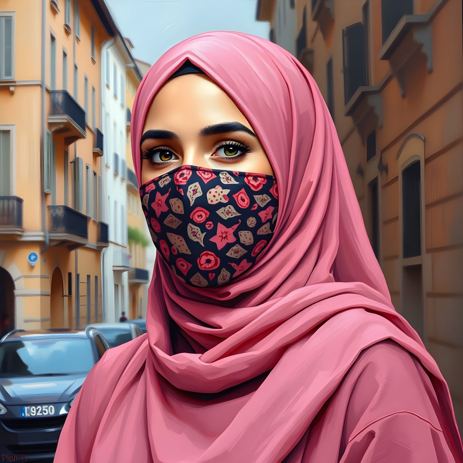 Elegant European Hijabi Woman in Cozy City