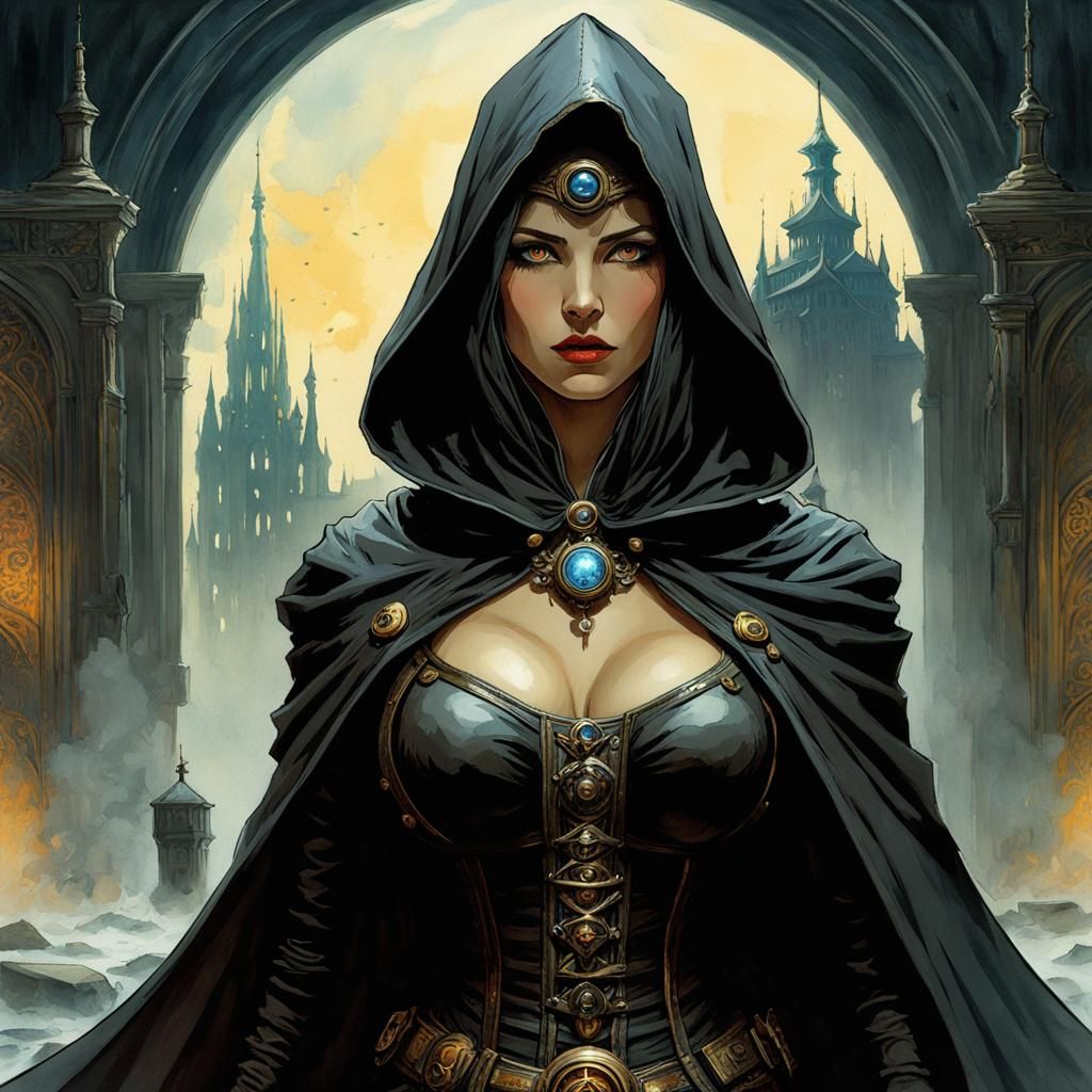 Gothic Steampunk Woman in Watercolor Style