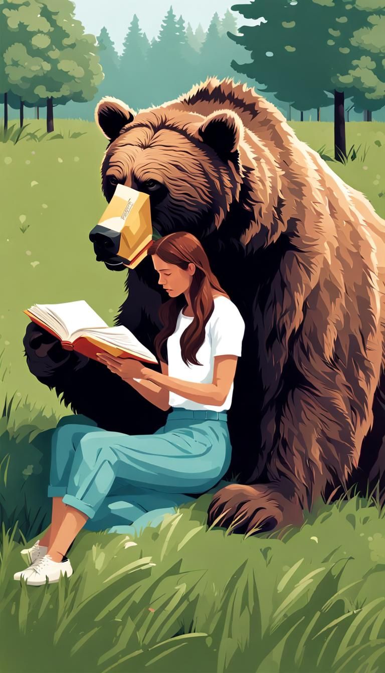 Woman Reading with Grizzly Bear Friend