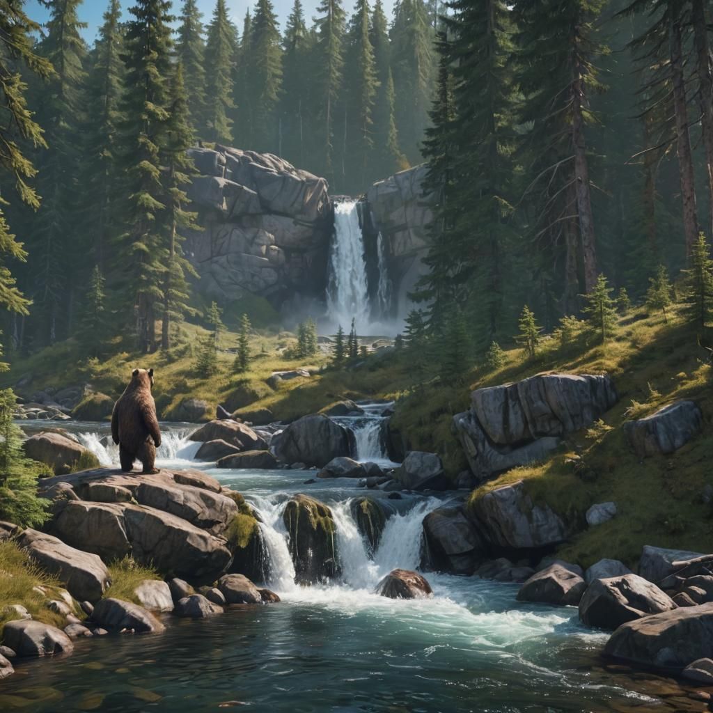 Happy Bear at Waterfall in 3D Game Style