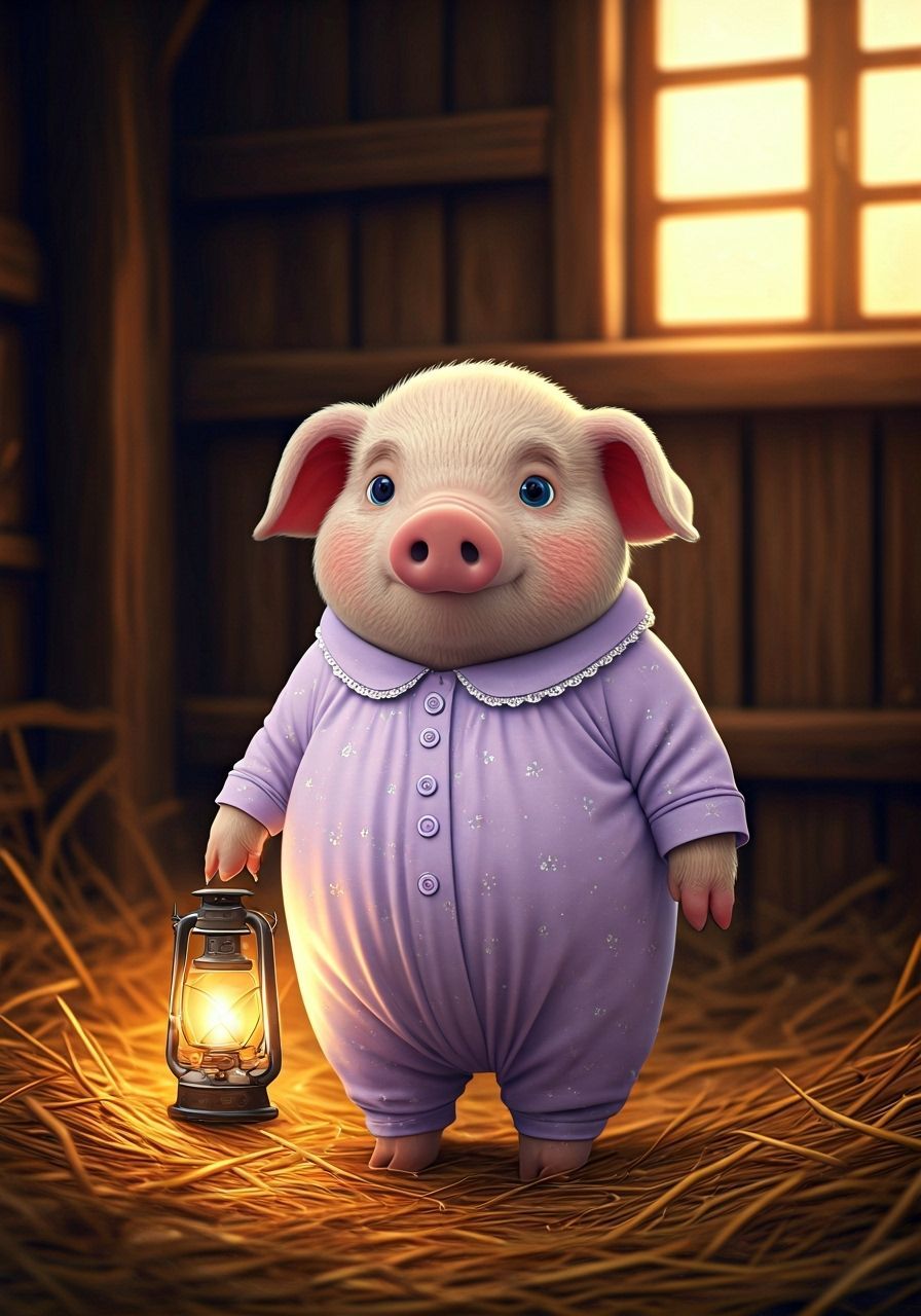 Charming Piglet with Oil Lamp in Barn, Storybook Illustratio...