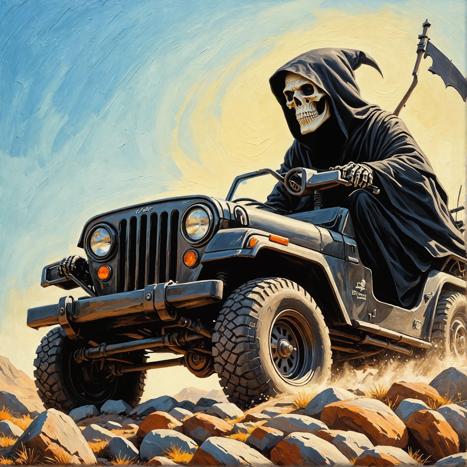 Grim Reaper Drives a Jeep: An Oil Painting