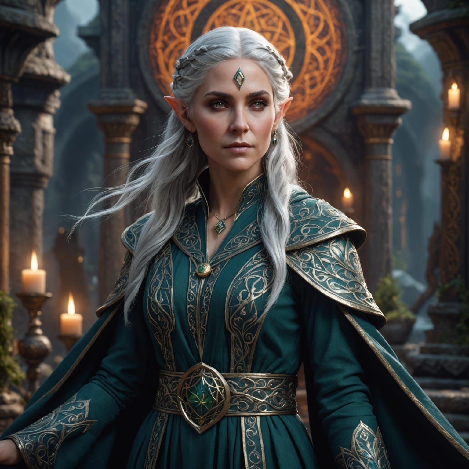 Silver-Haired Elf Mage in Detailed Matte Painting