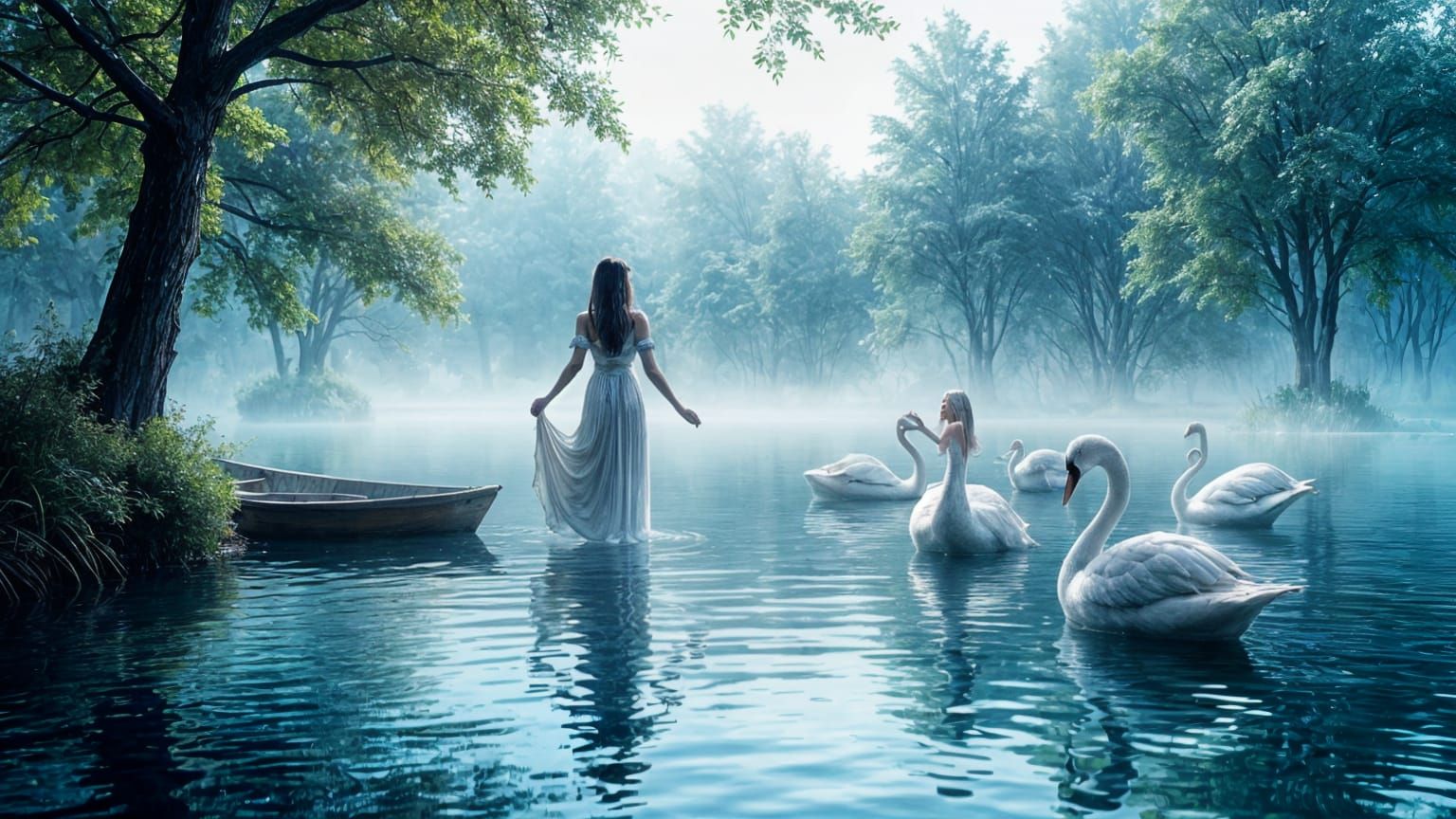 Ethereal Woman by a Dreamy Lake in Watercolor Style