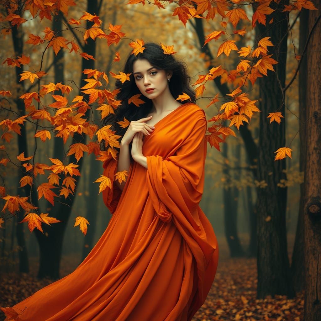 Autumn Goddess in Forest, Evocative Painting