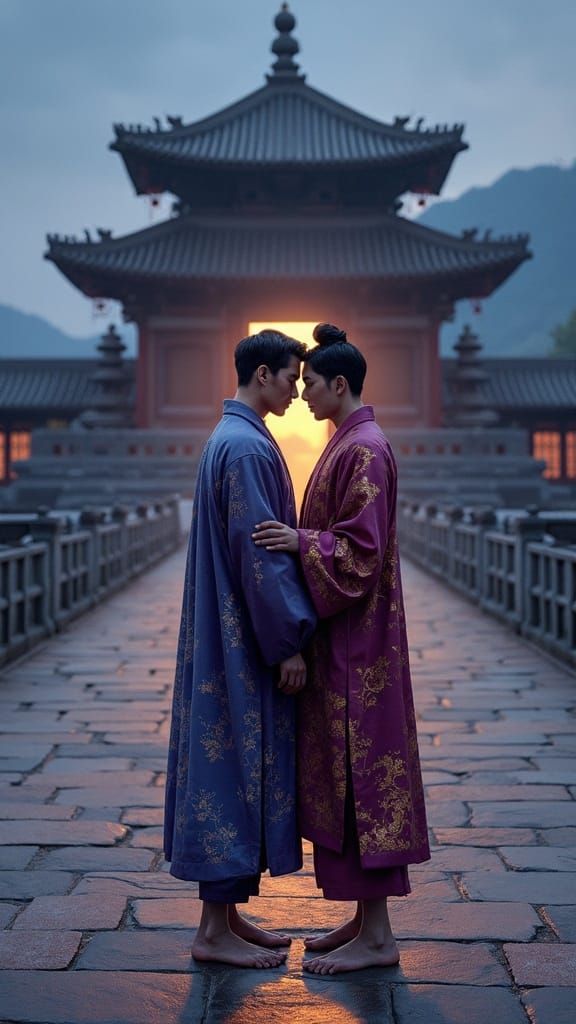 Men Embrace at Buddhist Temple in Dreamlike Style