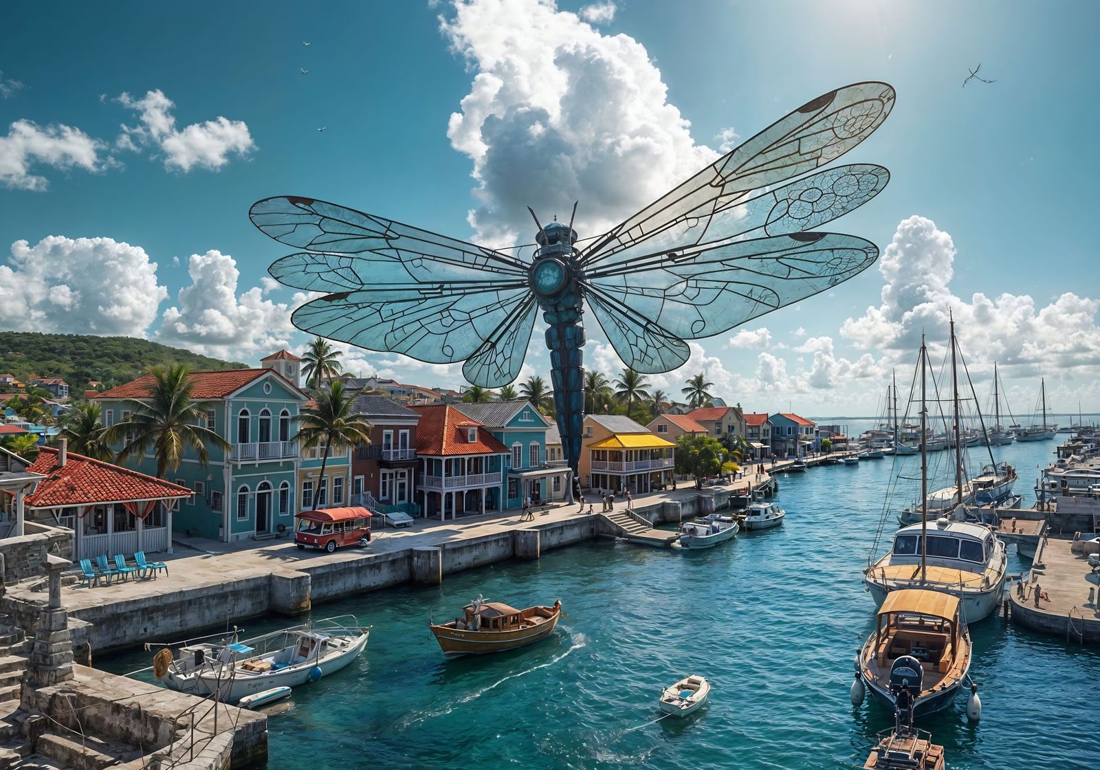 Kralendijk Waterfront with Mechanical Dragonfly Wings