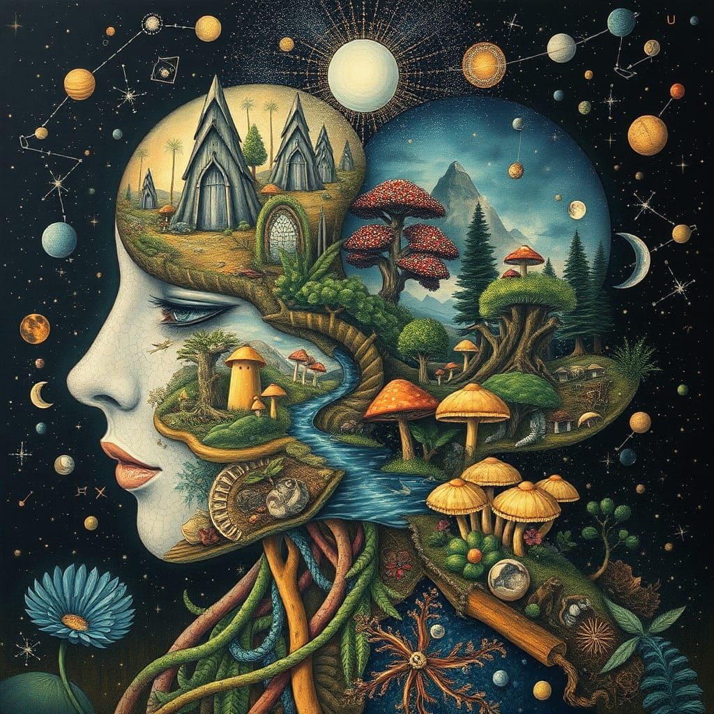 Intertwined Mindscapes in Ethereal Mixed-Media Style