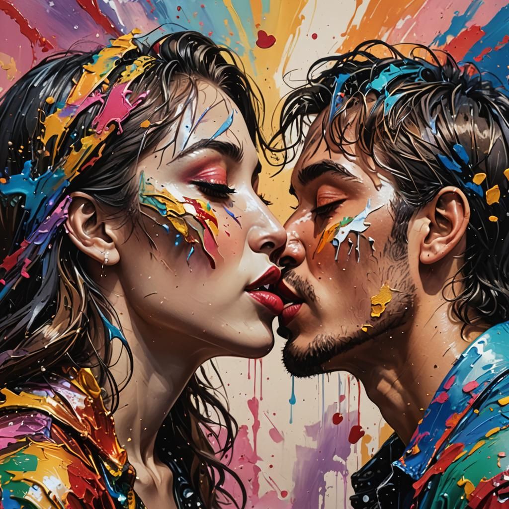 Hyperrealistic Romantic Kiss in Splash Art Style