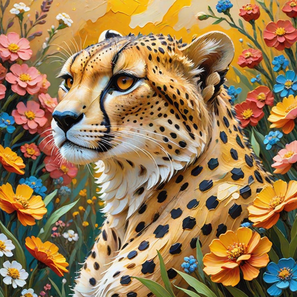 Cheetah in Flower Garden as Impasto Painting