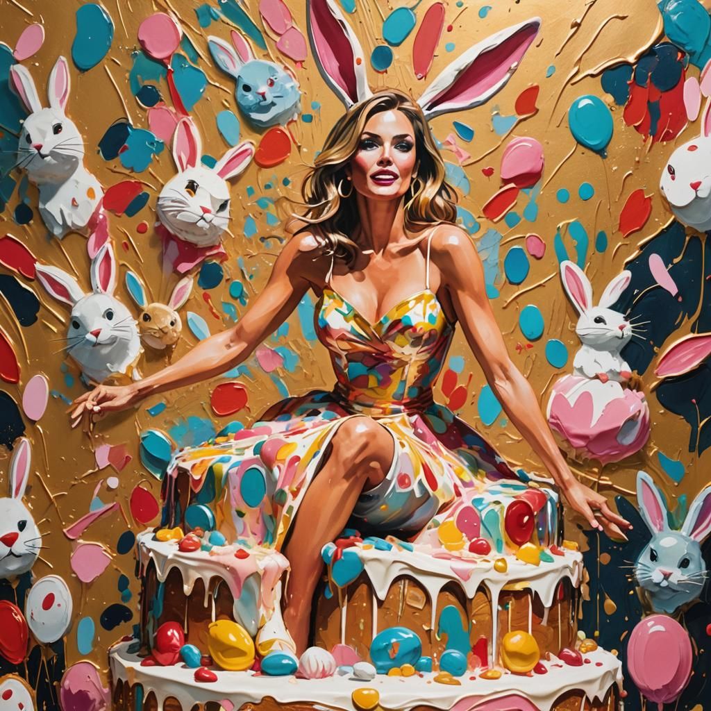 Playboy Model Emerges from Bunny Cake in Gouache Pop Art
