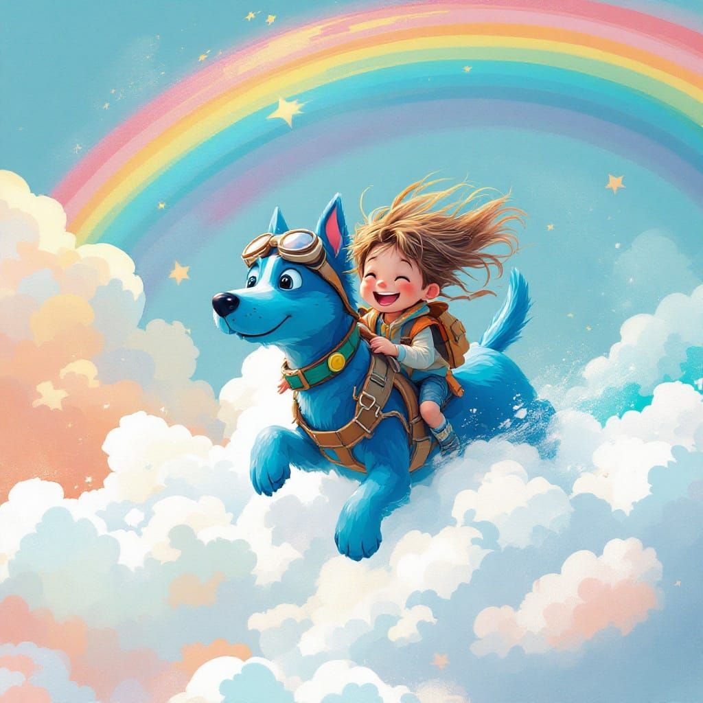 Blue Dog and Child Soaring on Cloud, Whimsical Art