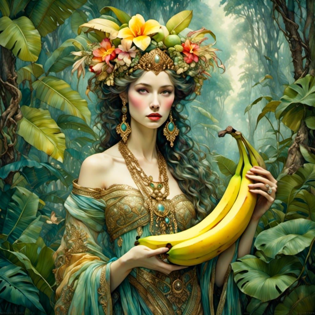 Banana Goddess in Colorful Jungle Watercolor