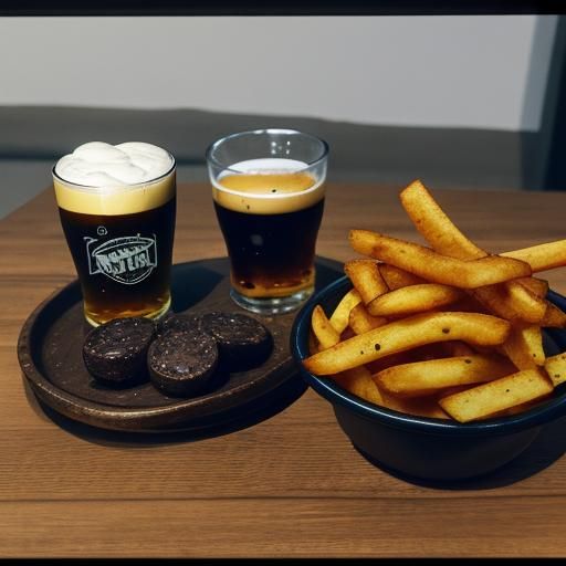 Cinematic Still Life of Sausage, Chips and Beer