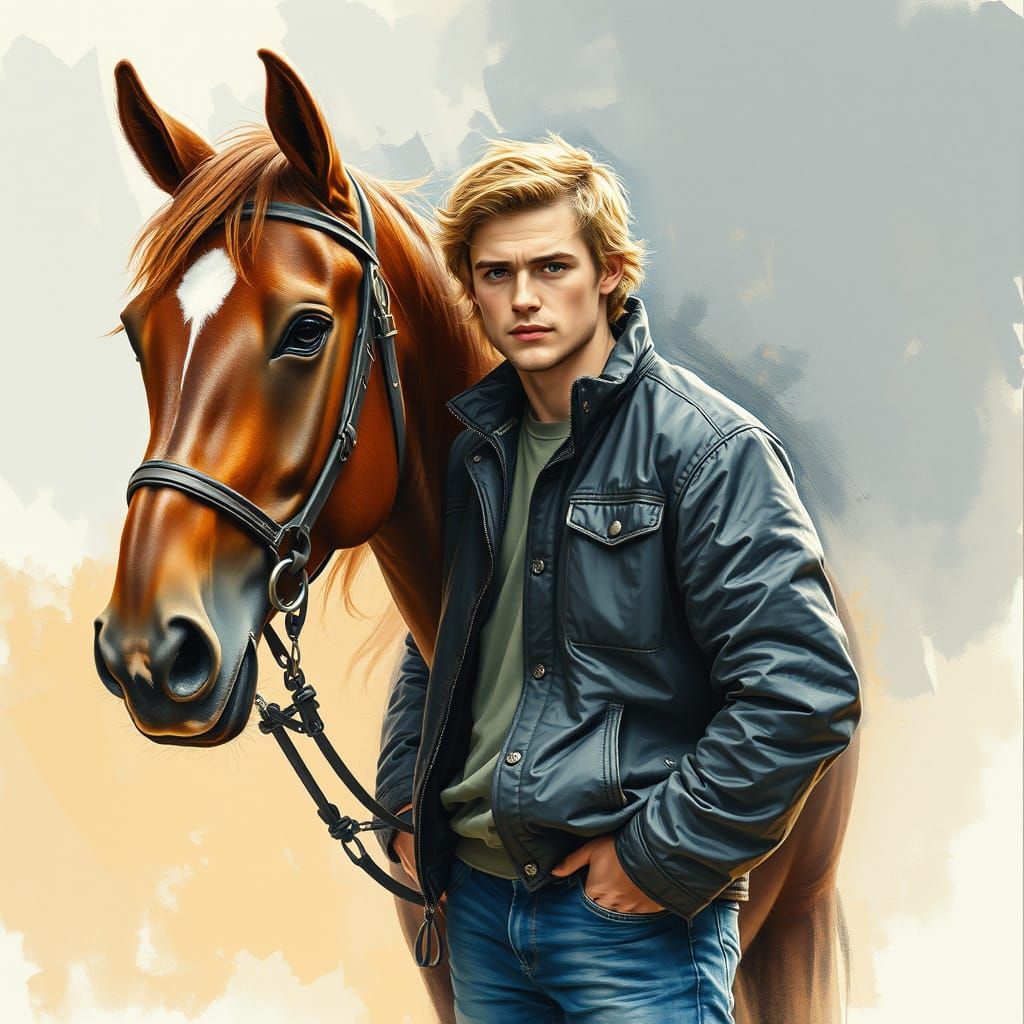 Man and Horse: Charcoal Drawing in Gouache Style