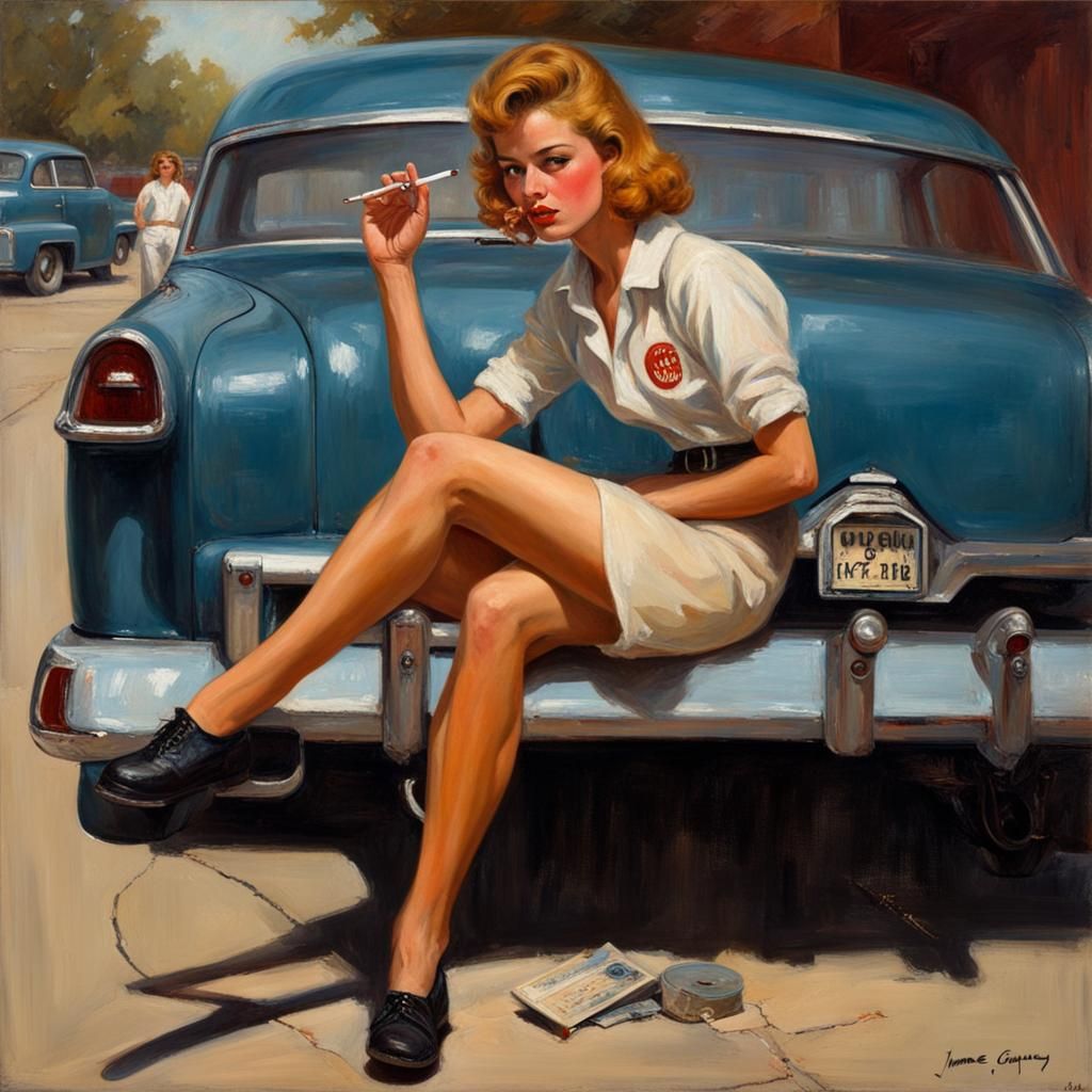 Rock and roll juvenile delinquent girl, 1950s. Bad girl. Short skirt. Smoking a cigarette.