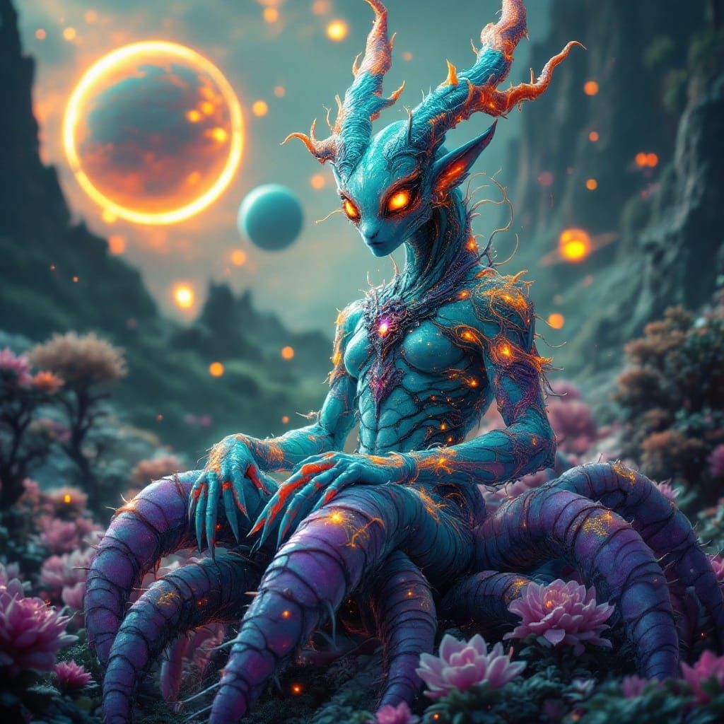 Glowing, Cyborg Qilin Sits Majestically on a Giant, Multicol...