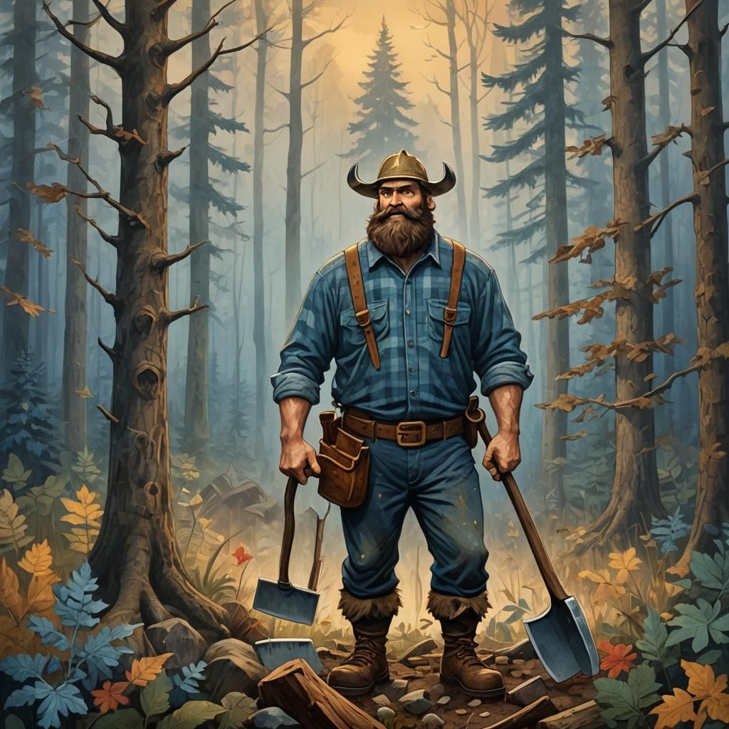 Paul Bunyan in Misty Forest, Folk Art Illustration