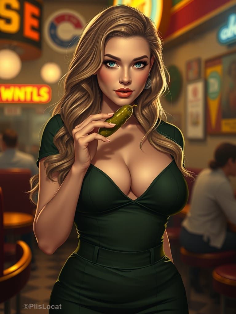 Waitress Savoring Pickles in Cinematic Style