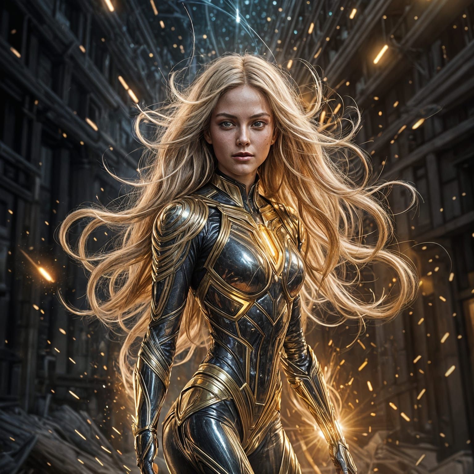 Metallic Alien Superhero Girl with Golden Eyes