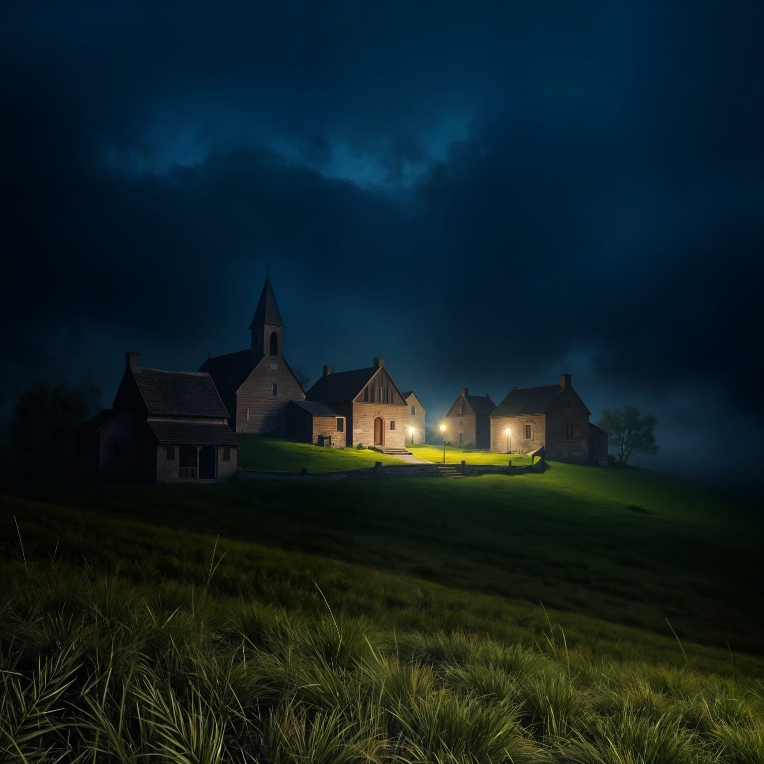 Misty Night in Antique Village on Grassy Plain