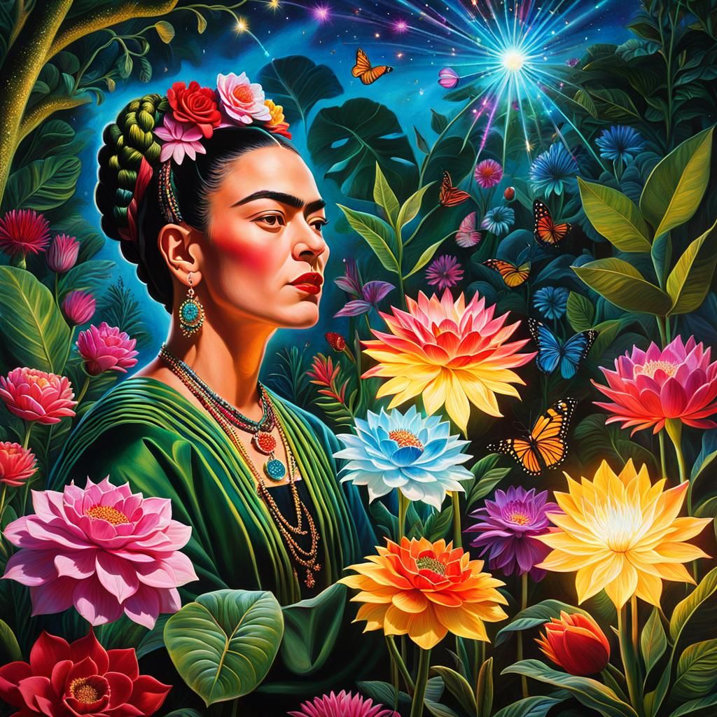 Frida Kahlo Painting Magical Flowers, Hyperrealism