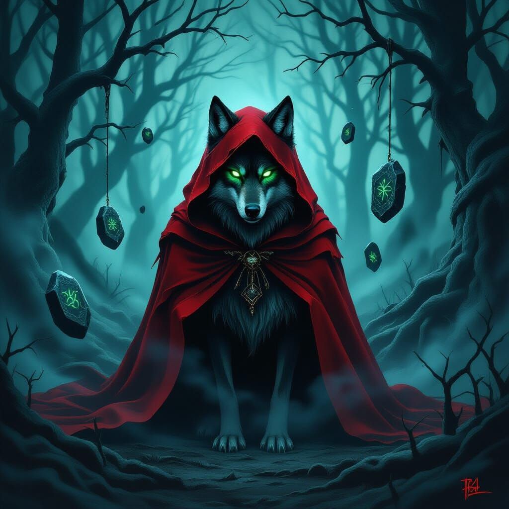 Dark Fantasy Wolf in Crimson Cloak with Emerald Eyes