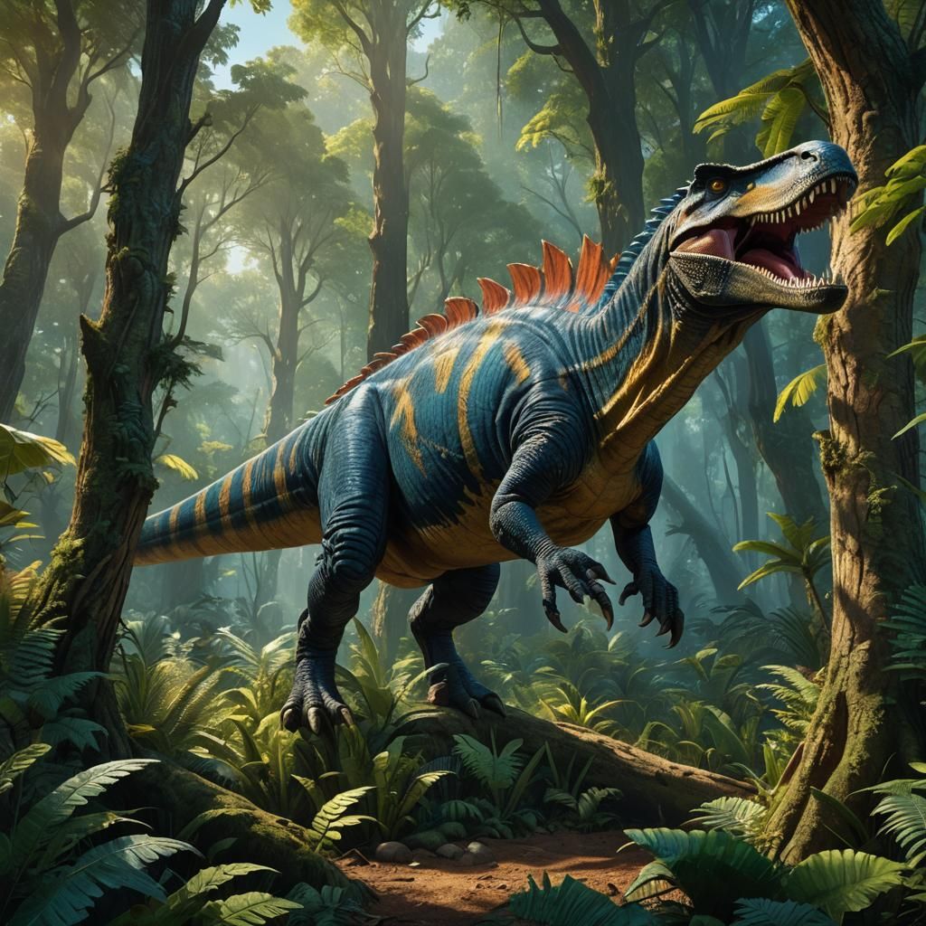 Spinosaurus and Flying Lizard in Primordial Forest