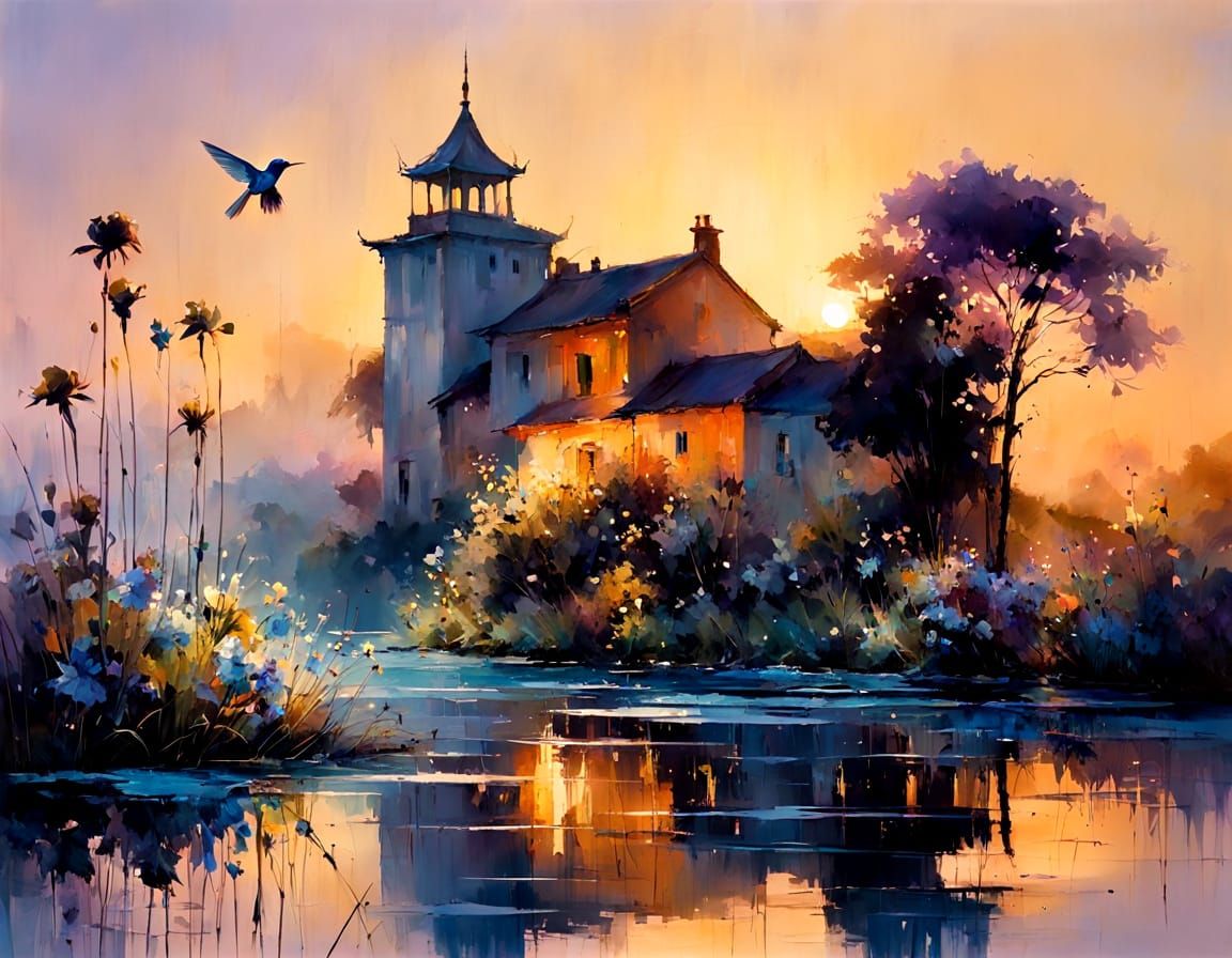 Blue Hummingbird and Translucent Flowers