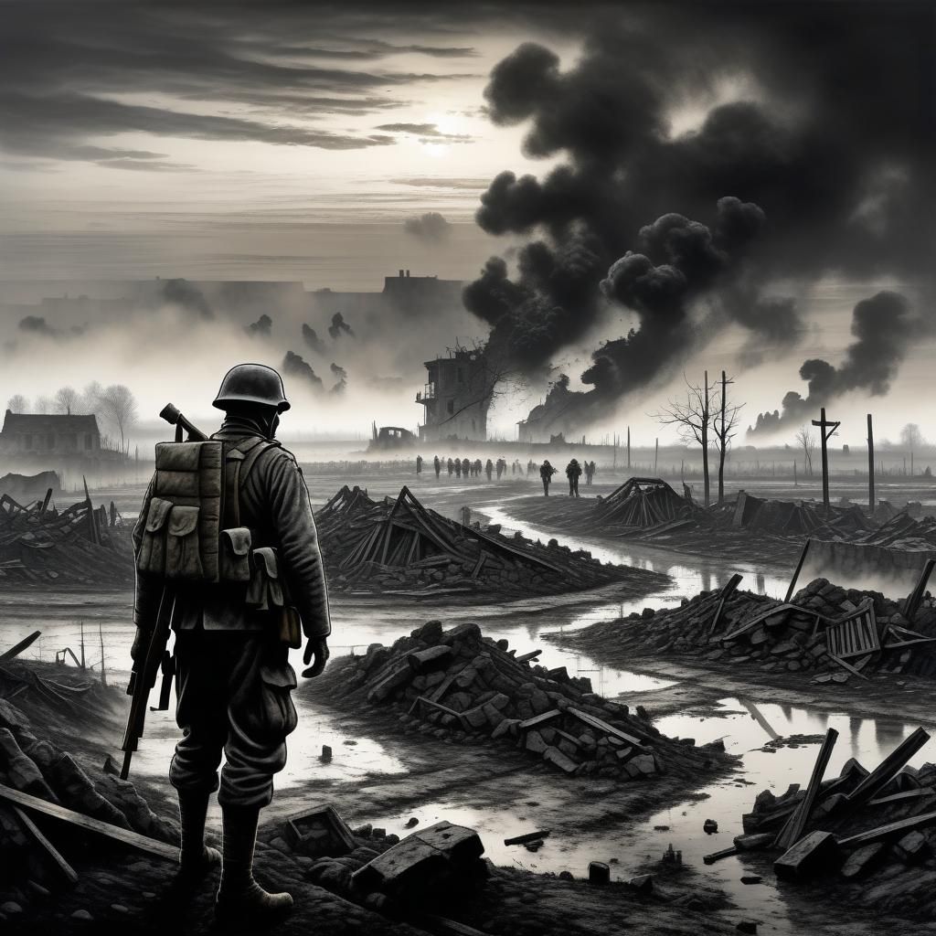 War Torn Dawn Landscape in Charcoal