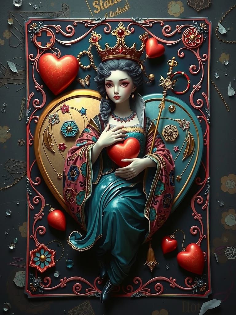 3D Queen Heart poker card , COLOURFUL PAPER, fantasy art, fo...