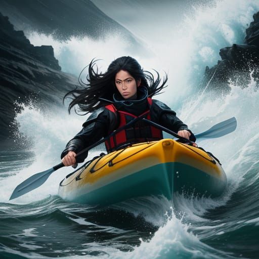 Kayaker Navigating Rapids in Dramatic Lighting