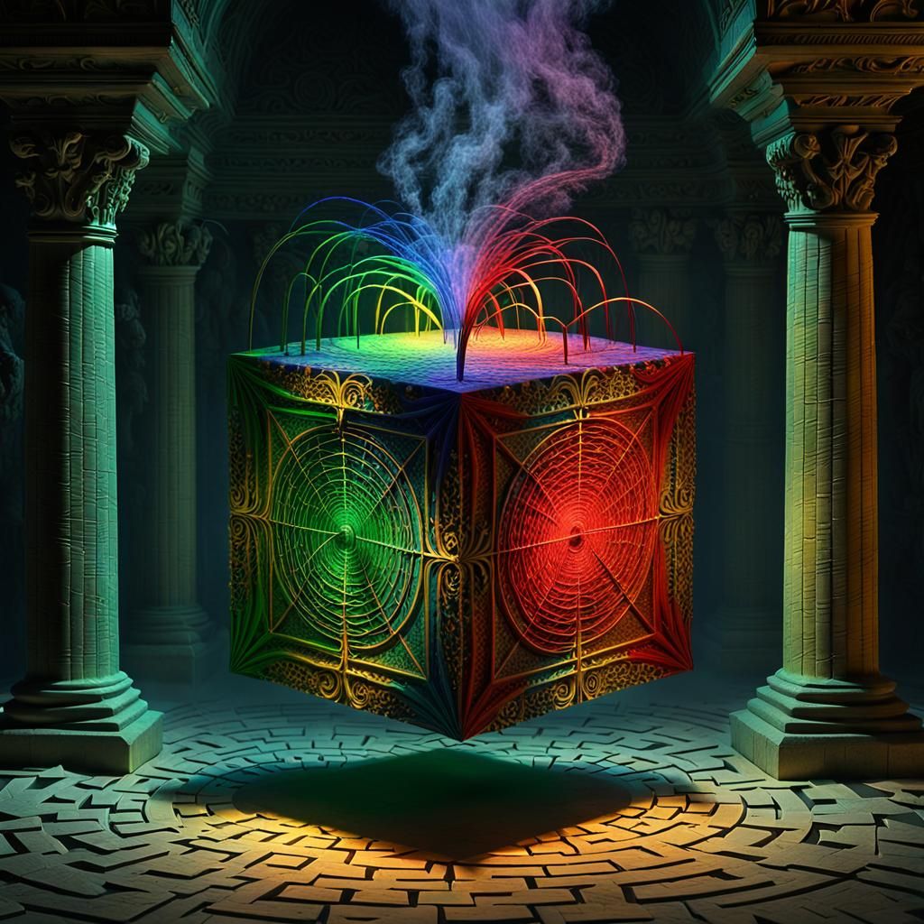 Surreal Cube Inverting Reality in Steampunk Horror Style