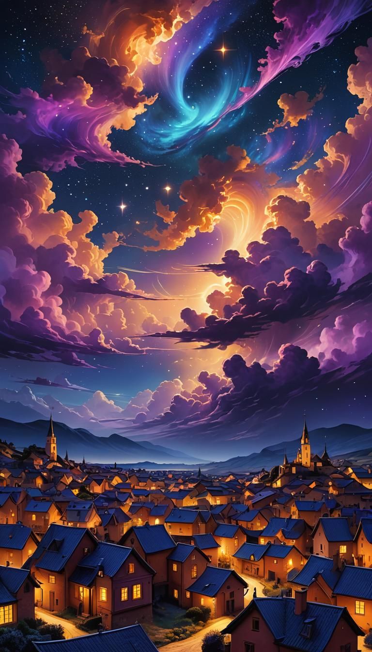 Dreamlike Village Under a Zaffre Starry Night