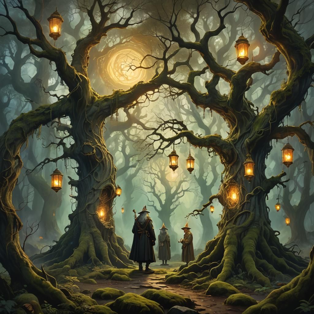 Mystical Wizards in Ancient Forest Clearing