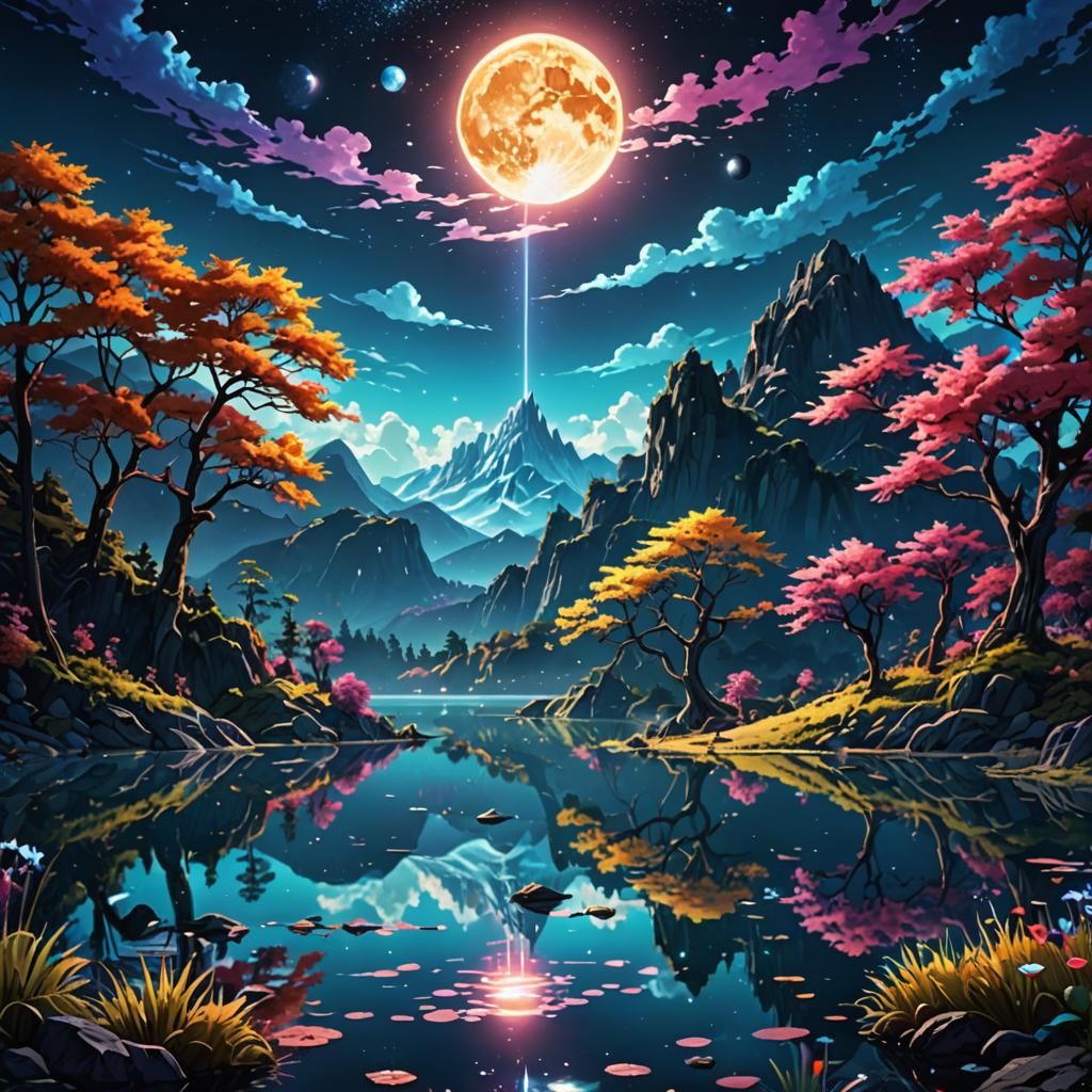 Cosmic Moonlit Lake in Anime Art Style