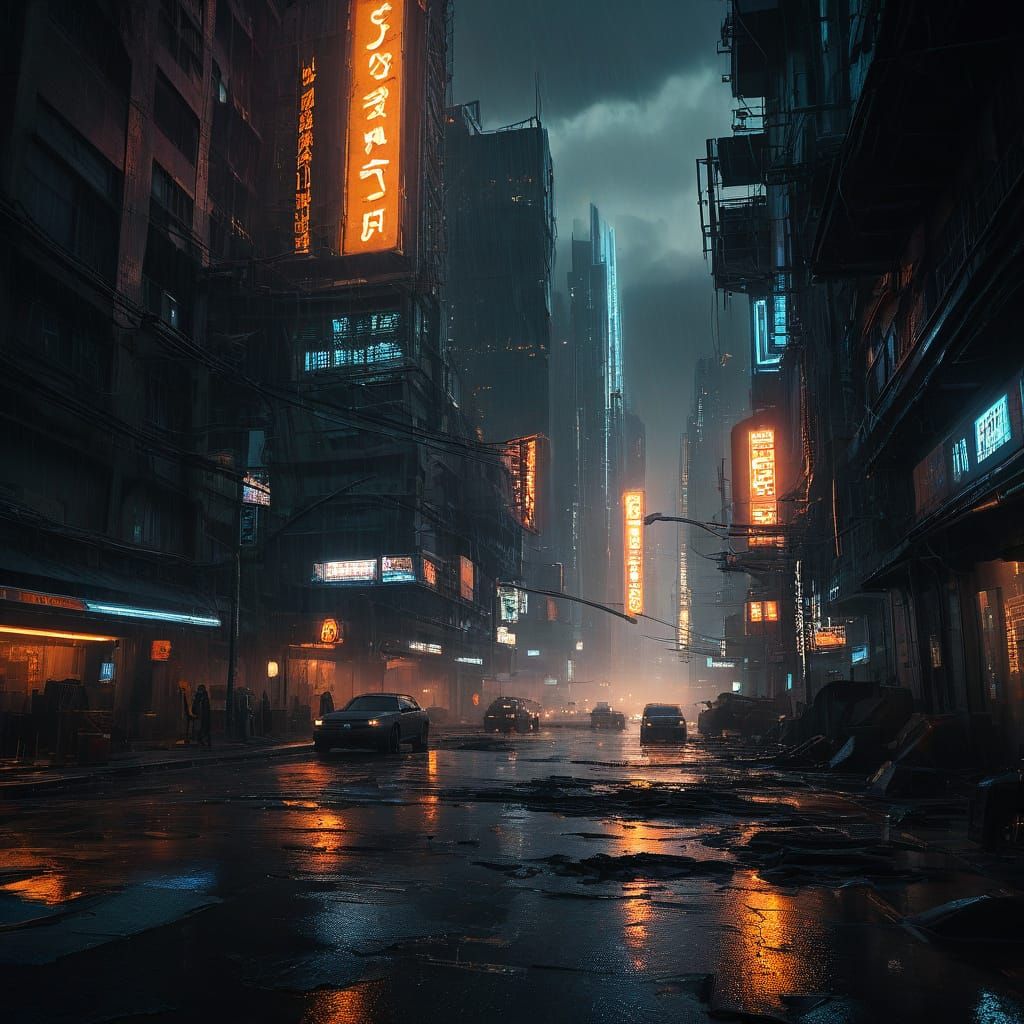 Cyberpunk Sandstorm Sweeping Through Dark Sci-Fi City