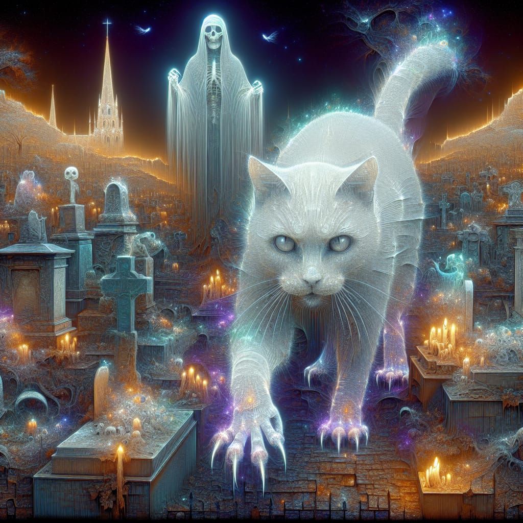 A uncanny translucent ethereal hauntingly cat, face to the v...