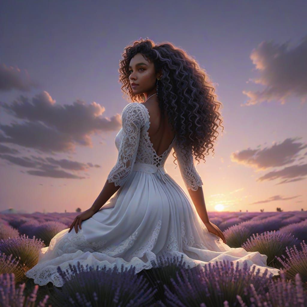 A Black Woman in Lavender Fields at Dusk, in Unreal Engine 5...