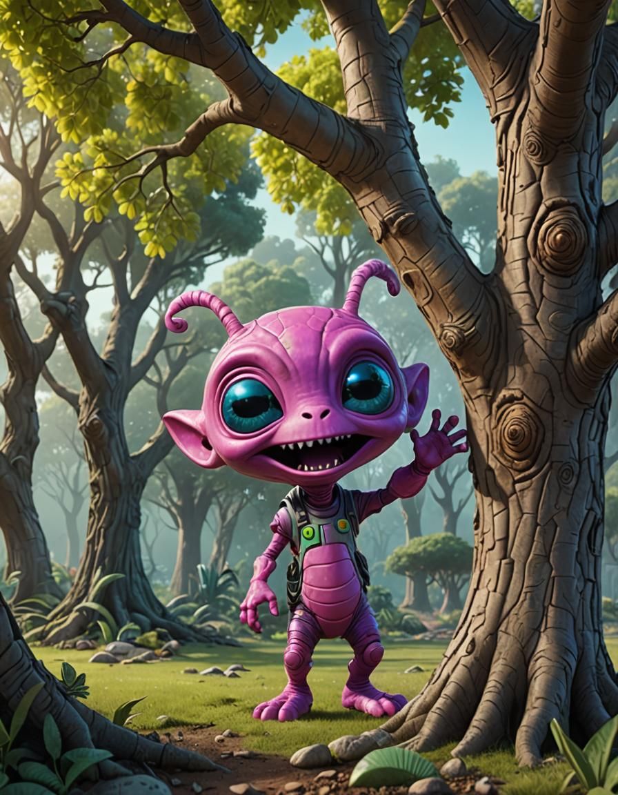 Playful Alien Waving from Behind a Tree