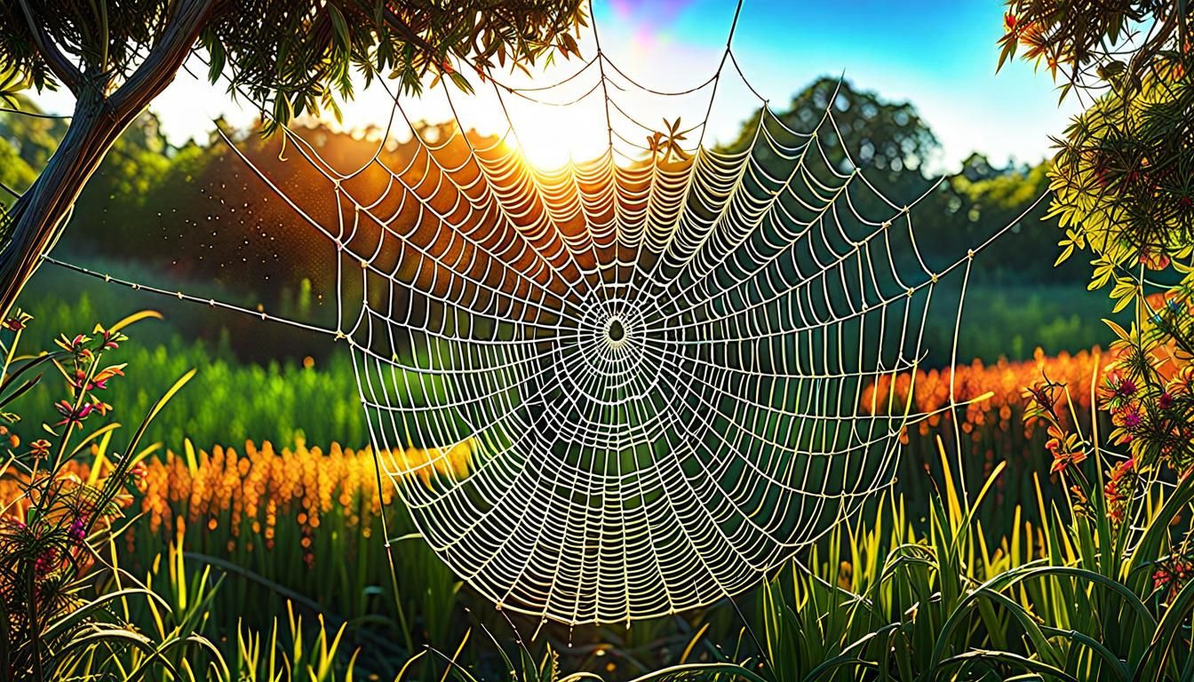 Rainbow Spiderweb in Morning Sunlight, Detailed Digital Art