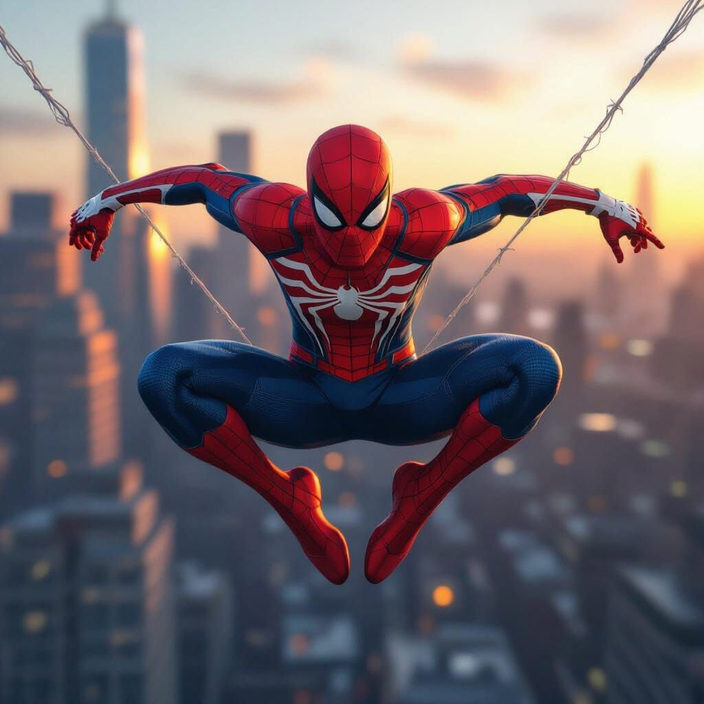 Spiderman Swings Through Cityscape at Sunset