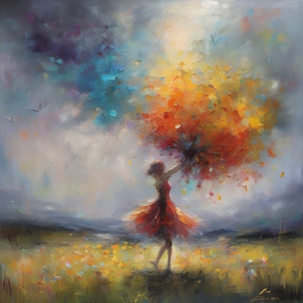 Surreal Whimsical Spring Landscape with Wildflowers and Ethe...