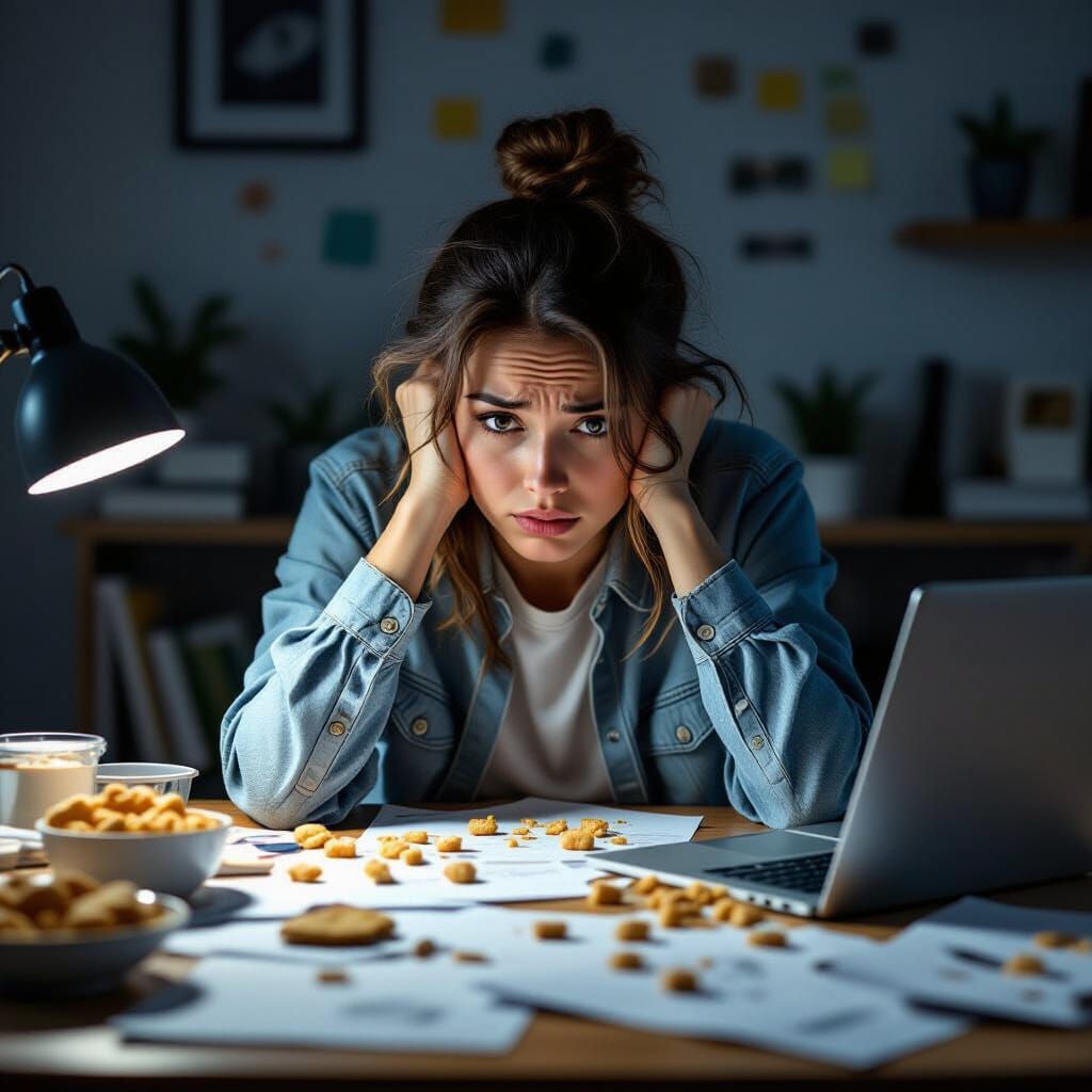Stressed Person at Cluttered Desk with Snacks