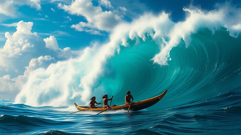 Polynesian Canoe Navigates Towering Waves: Epic Seascape