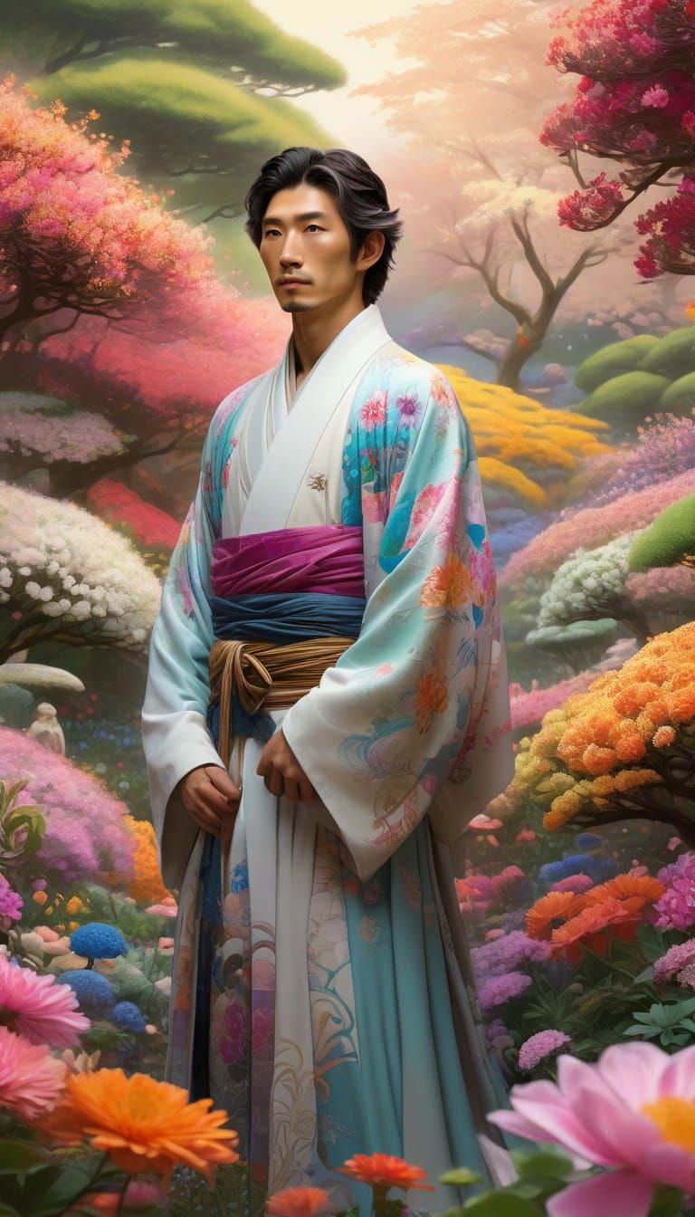 Ethereal Japanese Man in Lush Flower Garden