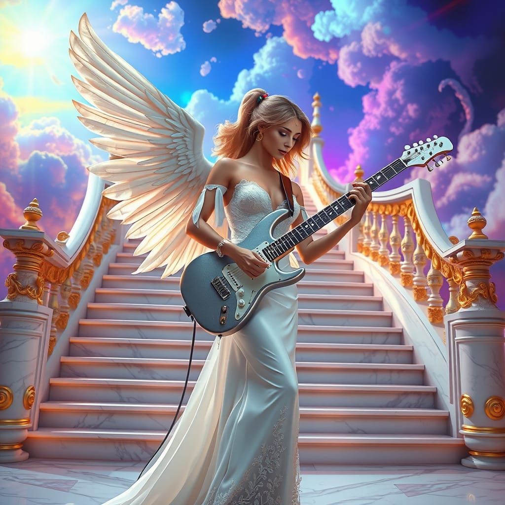 Regal Angel Plays Electric Guitar in Heavenly Setting